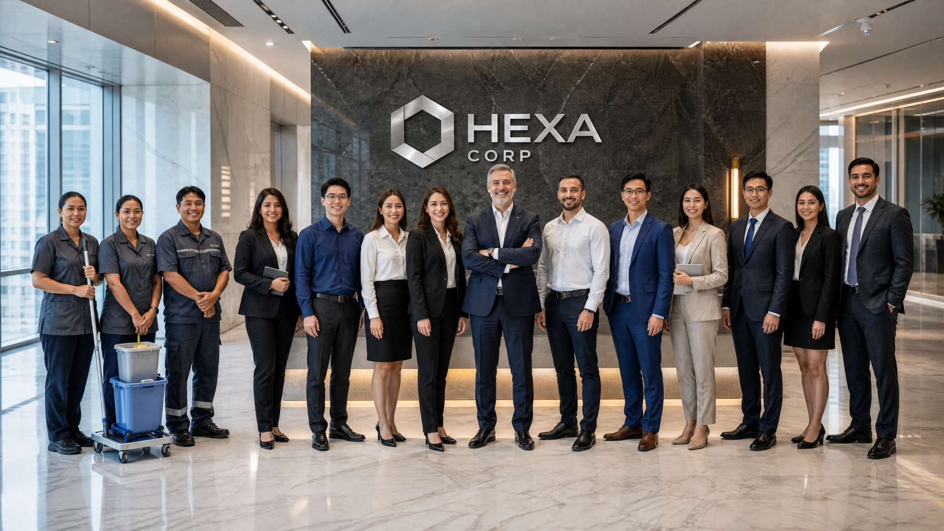 Equipe Hexa Corp reunida no lobby da sede